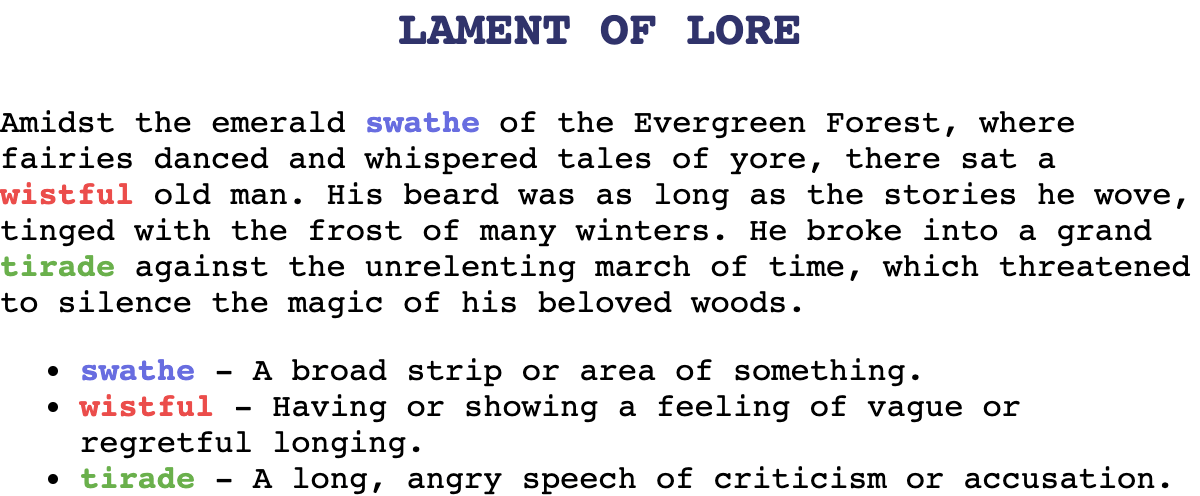 Screenshot of a story titled 'Lament of Lore'