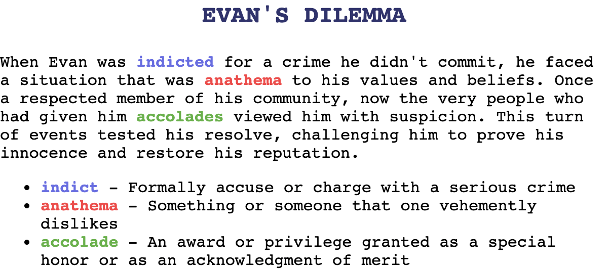 Screenshot of a story titled 'Evans Dilemma'