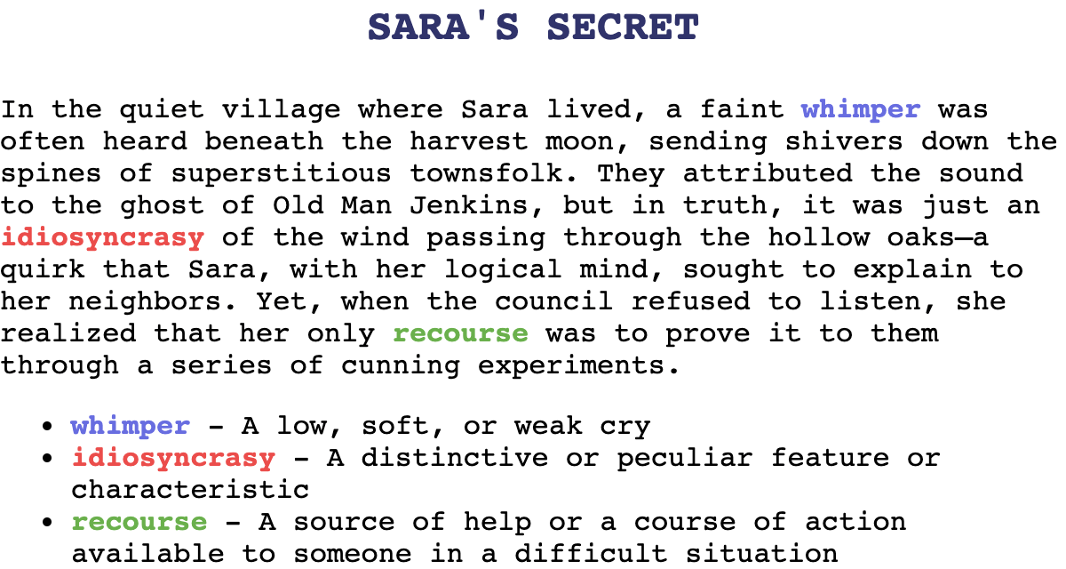 Screenshot of a story titled 'Saras Secret'